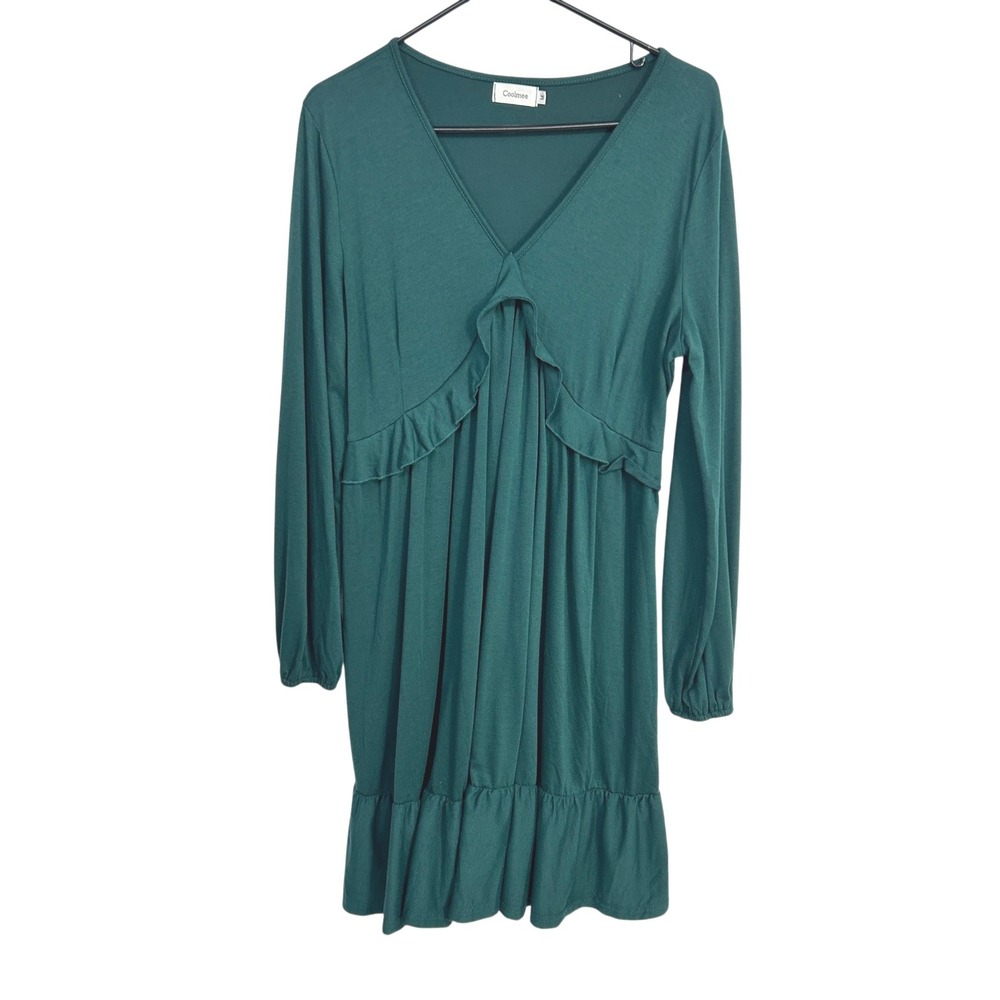 Babydoll Mini Dress Medium Long Sleeve V Neck Green Ruffle Cottagecore Romantic